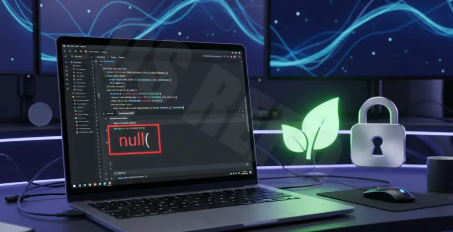 A laptop screen displaying code with a null return error next to a MongoDB logo and a login security icon.