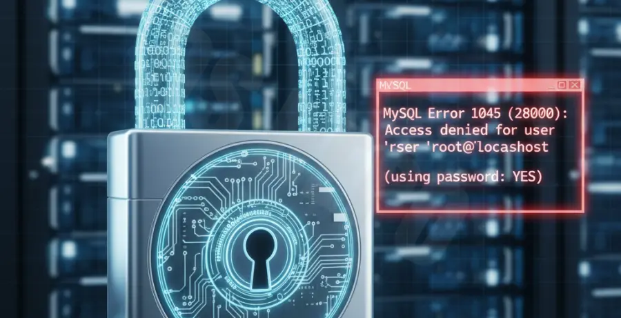 MySQL Error 1045 Access Denied troubleshooting on a terminal screen.