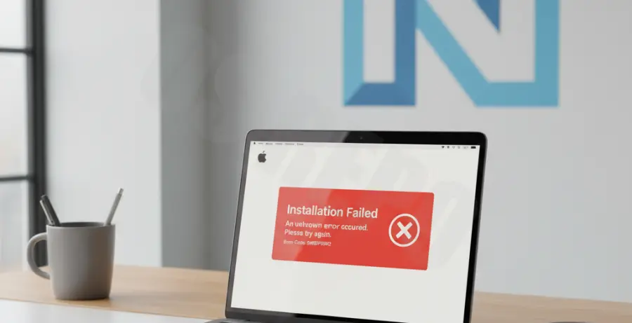 A MacBook screen displaying an installation error for the Notion app on macOS.