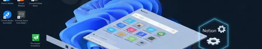 Diagram showing a Windows search bar failing to find the Notion app with troubleshooting icons.