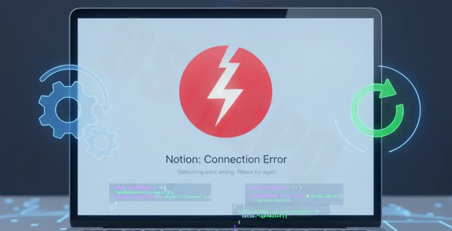 Illustration showing a Notion page loading error and troubleshooting tools.
