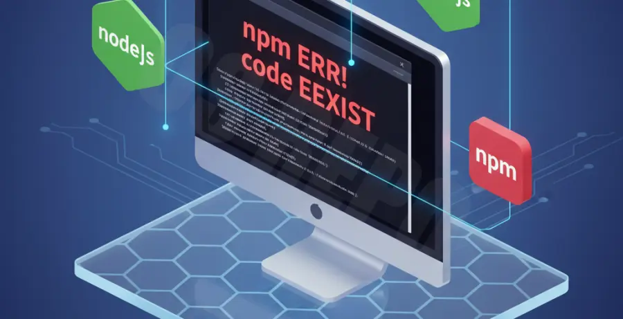 Technical diagram showing the fix for npm err code eexist on a terminal screen.