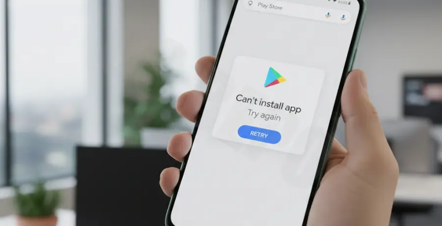 Google Pixel 9 showing an app store installation error on its display.