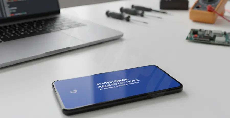 Google Pixel 9 displaying a blue screen of death error at startup.