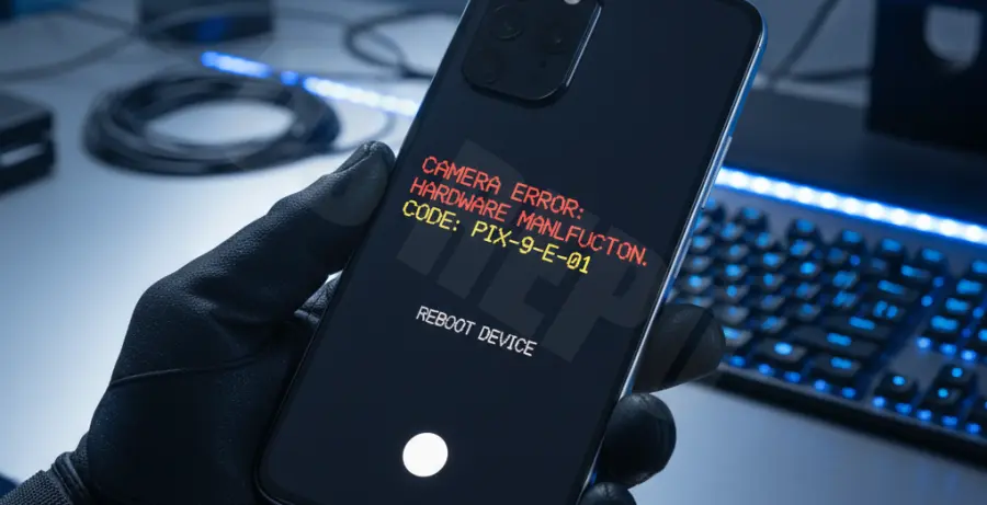 A Google Pixel 9 smartphone screen showing a camera sensor error code being fixed.