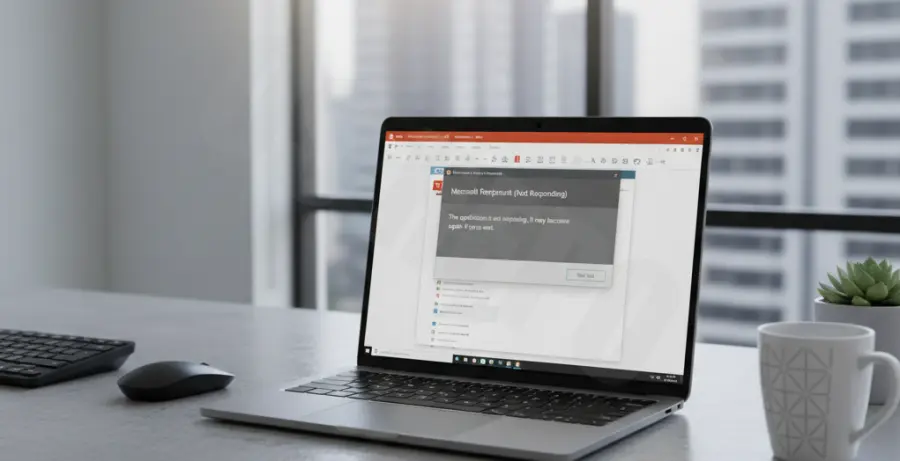 A laptop screen displaying a frozen PowerPoint presentation with a Not Responding error message.