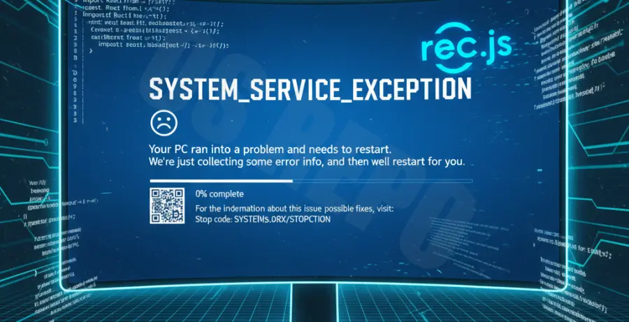 Infographic showing the SYSTEM_SERVICE_EXCEPTION error on a monitor with React development tools.
