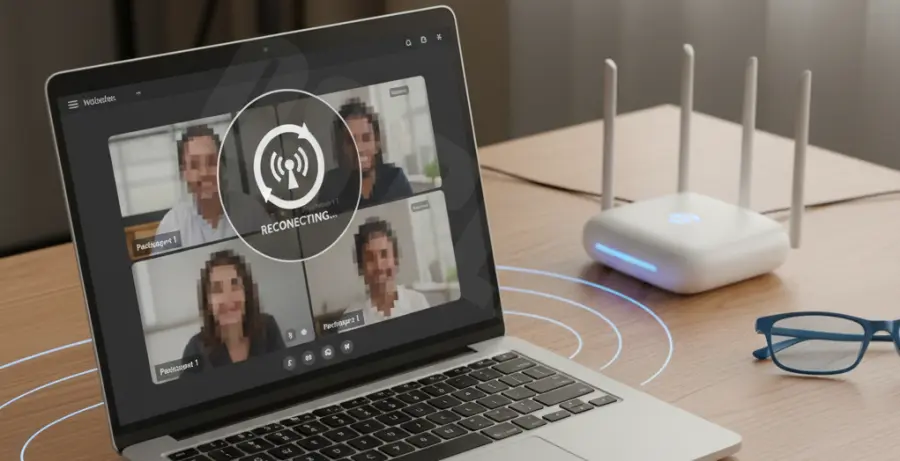 A laptop showing a Microsoft Teams call error next to a home WiFi router.
