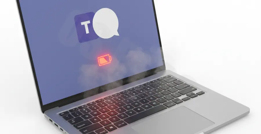 A laptop overheating while running Microsoft Teams with a low battery warning.