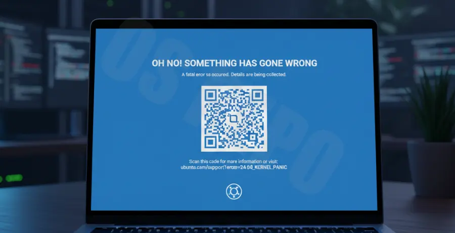 Ubuntu 24.04 blue screen of death with QR code on a laptop screen.