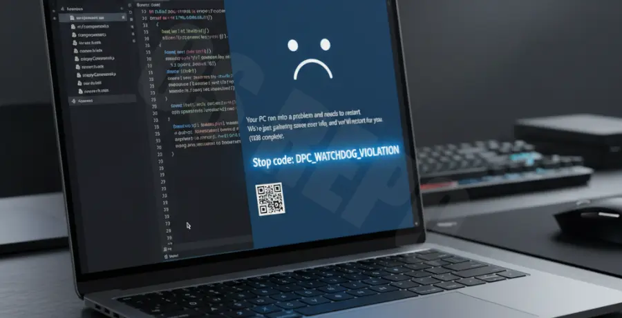 Visual representation of a computer crashing to a Blue Screen of Death while using the Visual Studio Code editor.