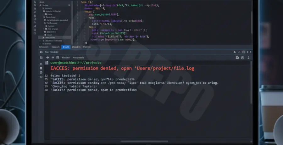 VS Code terminal showing EACCES permission denied error code.