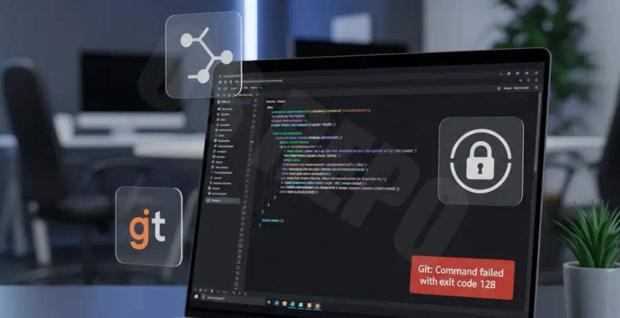 Visual Studio Code interface showing a Git error code 128 notification in the terminal.