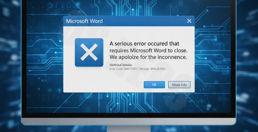 Troubleshooting winword.exe application error popup on a Windows PC.