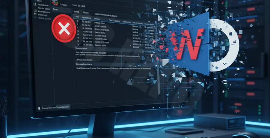 Windows Event Viewer showing Event ID 1000 error alongside a crashing Microsoft Word icon.