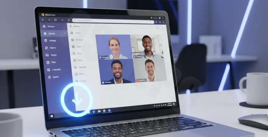 A digital illustration showing a manual update process for Microsoft Teams on a desktop computer.