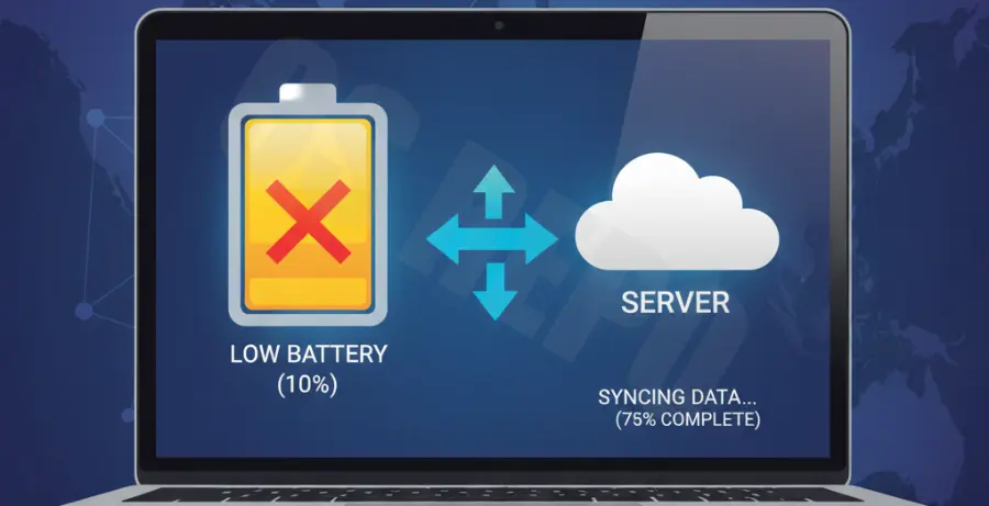 Laptop showing battery drain during AWS EC2 data synchronization.