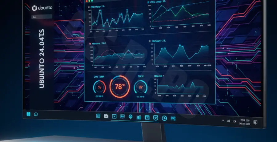 Monitoring CPU temperature on Ubuntu 24.04 desktop dashboard showing thermal graphs.