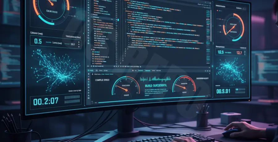 VS Code performance monitoring dashboard showing CPU usage and optimization metrics.