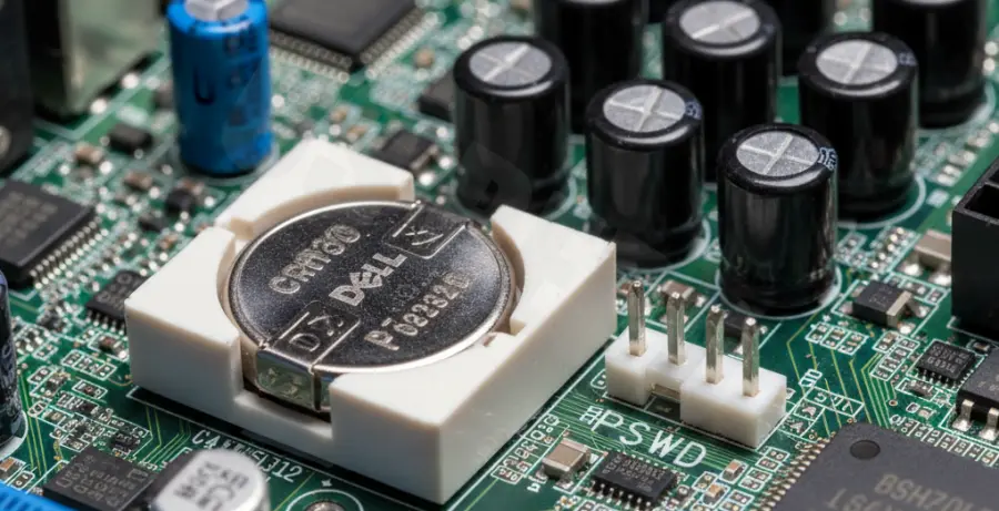 Close-up of a Dell motherboard with the CMOS battery and BIOS password reset jumpers highlighted.