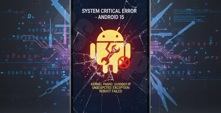 Troubleshooting guide for Android 15 corrupted system files showing error codes and repair tools.