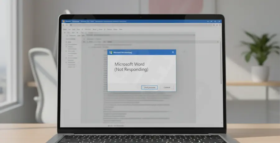 Troubleshooting a Microsoft Word Not Responding error message on a laptop.