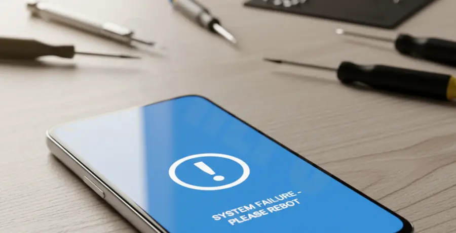 Google Pixel 9 displaying a blue screen error next to repair tools.