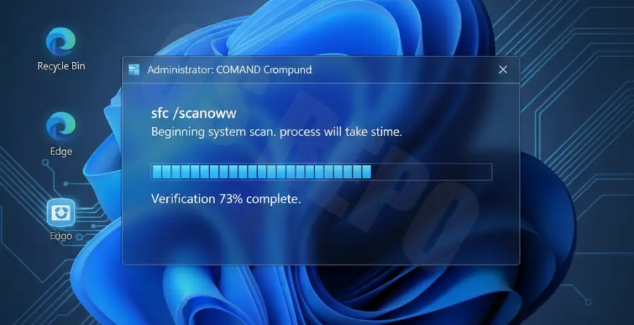 Command Prompt window on Windows 11 running the sfc scannow utility to repair system files.