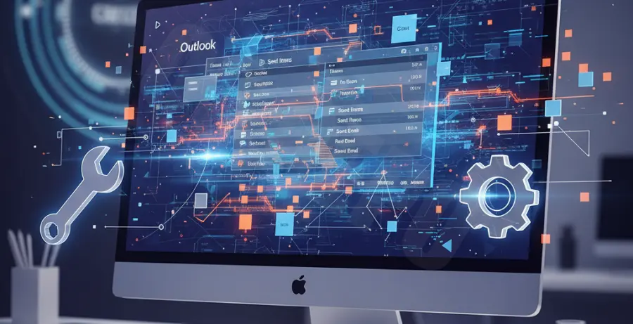 Digital illustration of Outlook screen flickering issues being repaired.