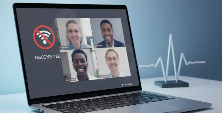 Illustration showing a Windows 10 laptop experiencing WiFi drops during a Microsoft Teams meeting.
