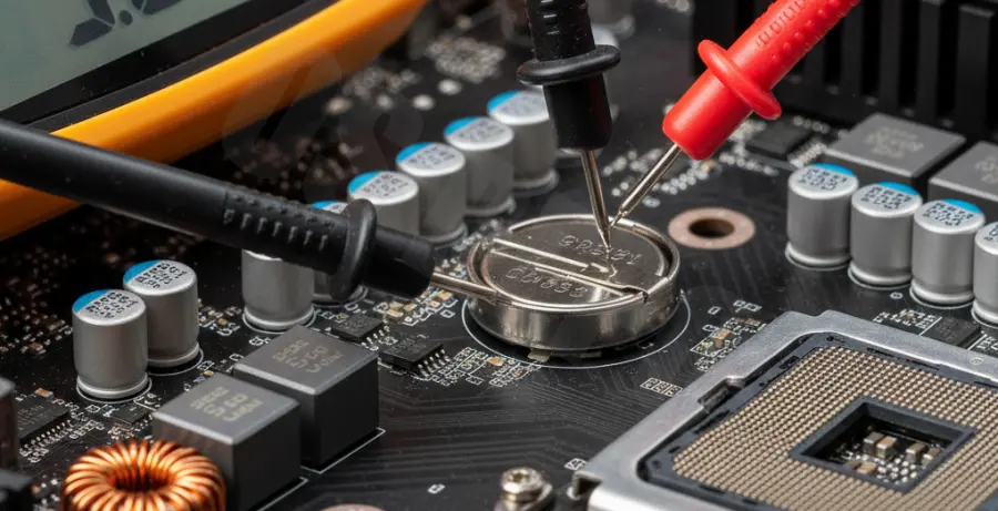 Testing motherboard CMOS battery voltage with a multimeter.