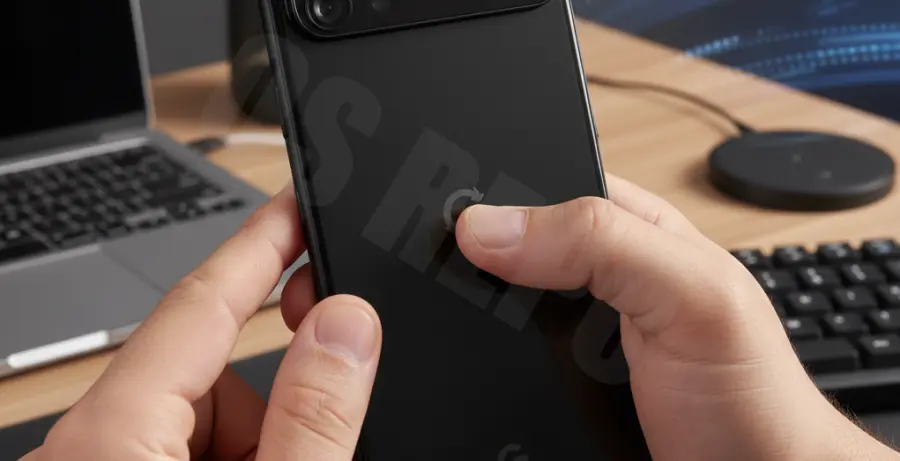 Person performing a force restart on a frozen Pixel 9 Pro XL by holding the side buttons.