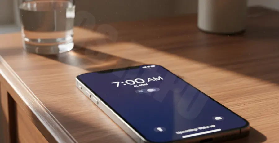 iPhone displaying an iOS 18 alarm notification on a bedside table.