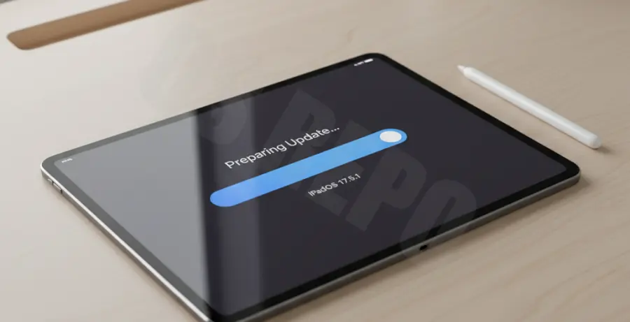 iPad Pro screen showing the Preparing Update message with a stuck progress bar.