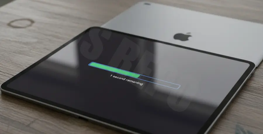 iPad Pro screen showing iPadOS update progress bar stuck at 1 second remaining.