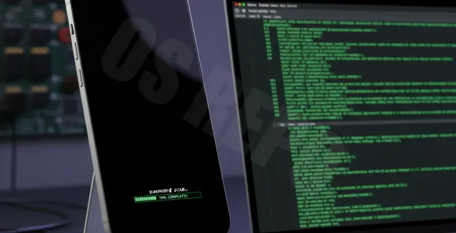iPhone 16 Pro black screen repair showing a smartphone next to a laptop running diagnostic recovery software.