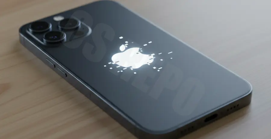 iPhone 16 Pro screen showing the Apple logo with a glitch effect representing a startup crash.