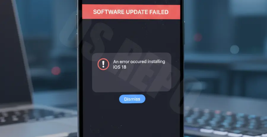 iPhone 16 Pro screen showing iOS 18 software update failed error message.