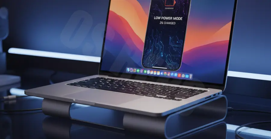 iPhone Mirroring interface on a MacBook showing battery drain troubleshooting.