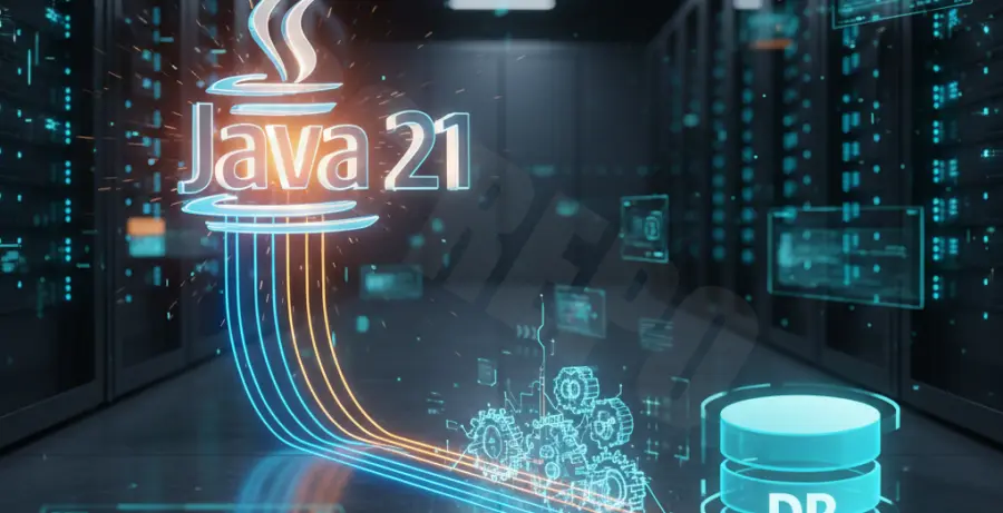 Technical diagram showing Java 21 Virtual Threads optimizing database connection pool flow to fix performance lag.