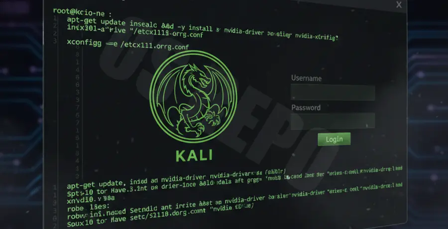 Kali Linux login loop error screen with terminal commands to fix NVIDIA drivers.