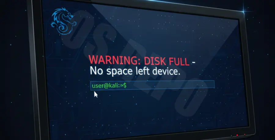Kali Linux update failed disk space full error message on terminal.