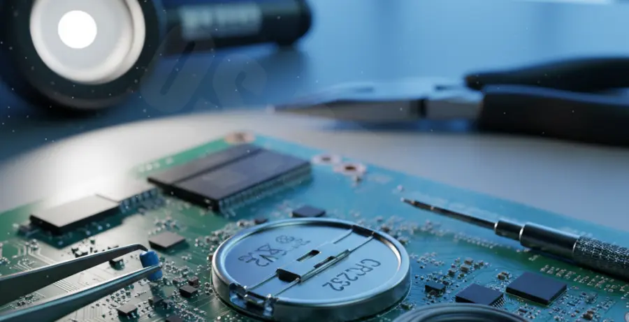 Close-up of a laptop CMOS battery on a motherboard for troubleshooting.