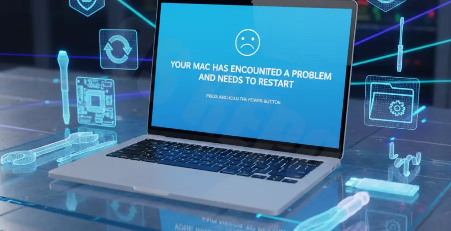 macOS Sequoia blue screen error on a laptop display.