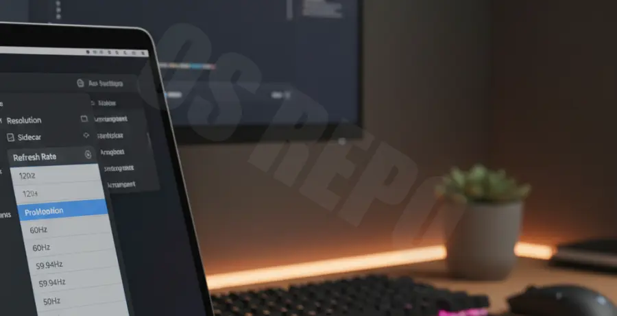 macOS Sequoia Display Settings showing Refresh Rate options to fix screen flickering.