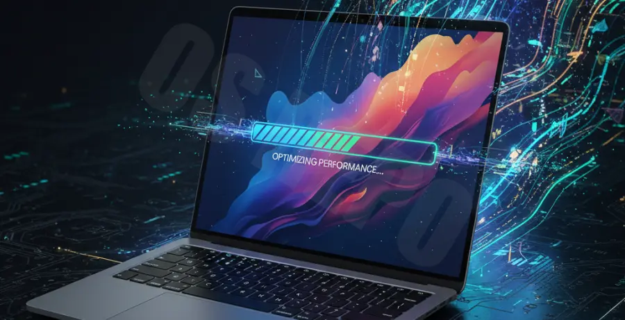 macOS Sequoia startup optimization guide showing a MacBook booting quickly.