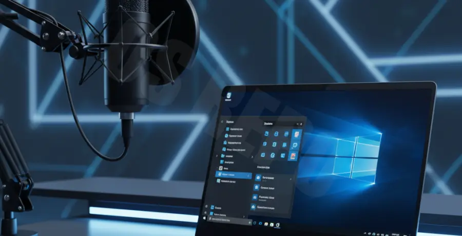 Screenshot of Windows 10 sound settings and a microphone icon representing audio troubleshooting.