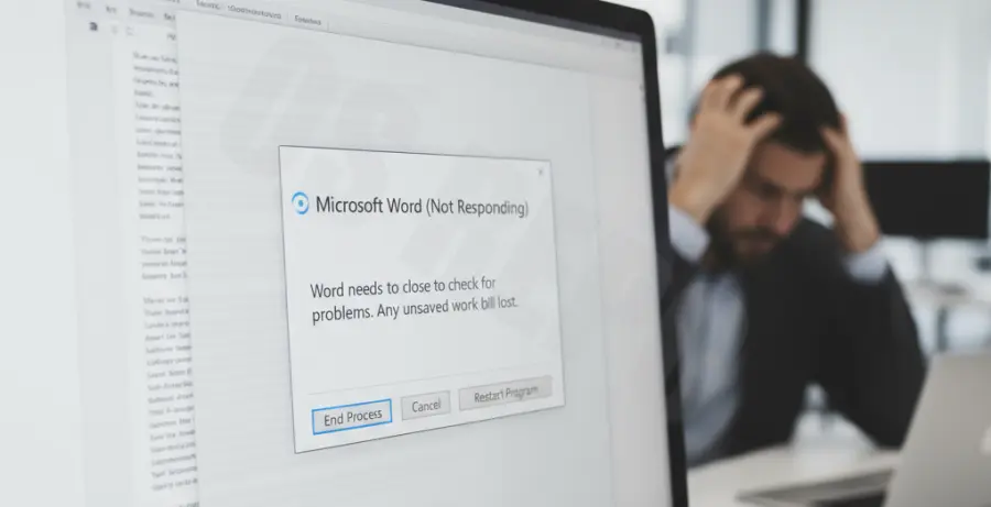 Microsoft Word keeps freezing and closing error on a Windows laptop.