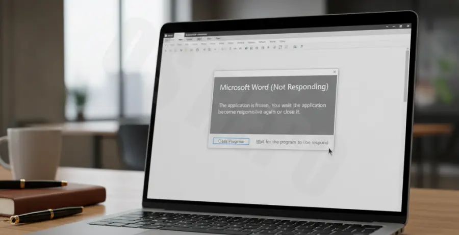 A laptop screen displaying a Microsoft Word not responding error message in a professional setting.