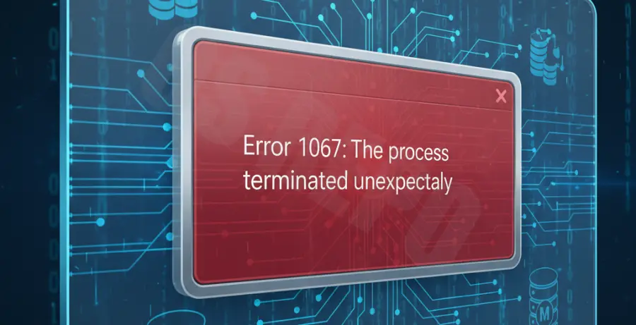 Screenshot of MySQL Error 1067 service failure message on Windows with database repair tools in the background.